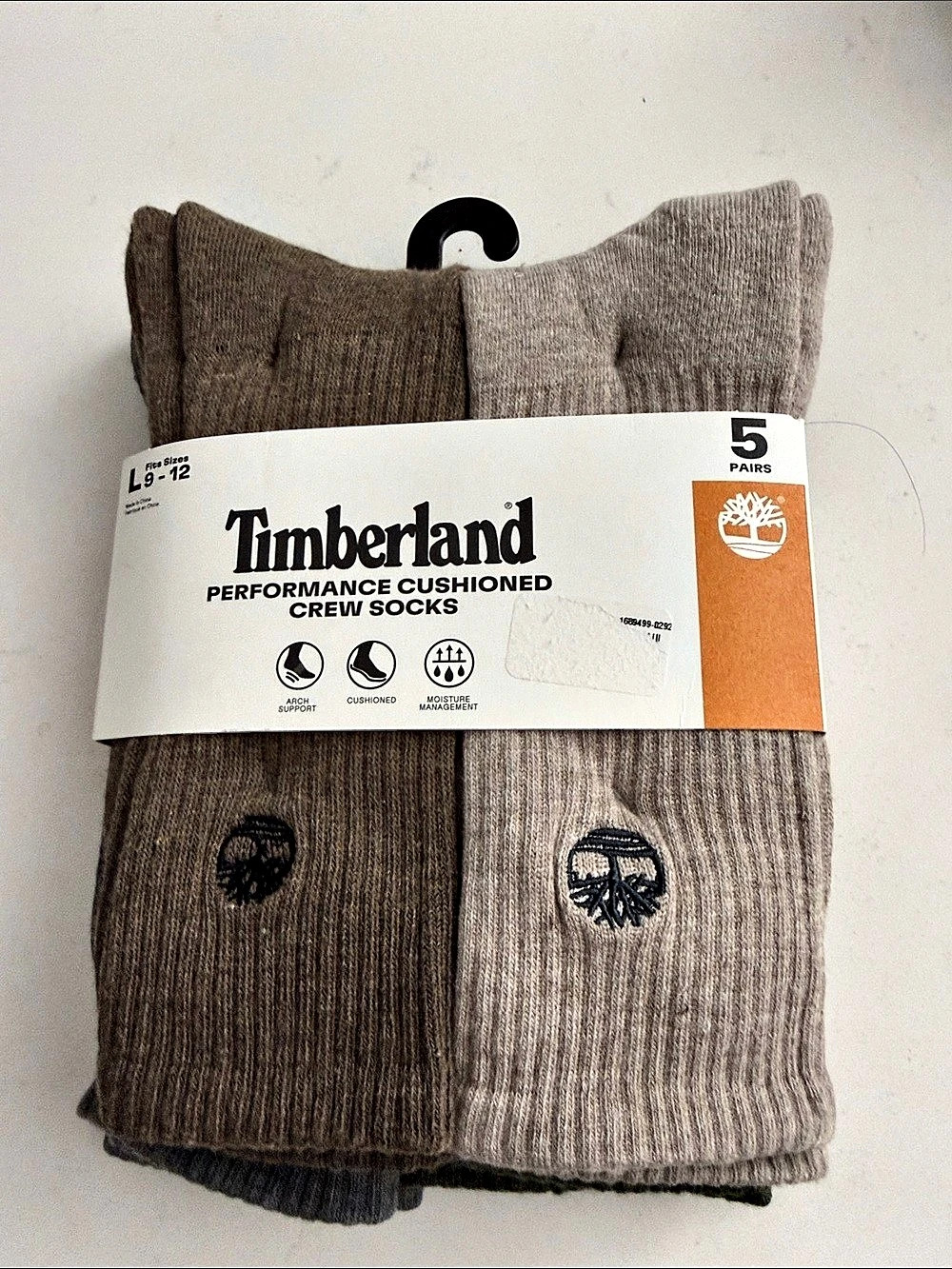 Timberland Performance Cushioned Crew Socks 5 Pairs 5-Pair Brown & Gray L 9-12